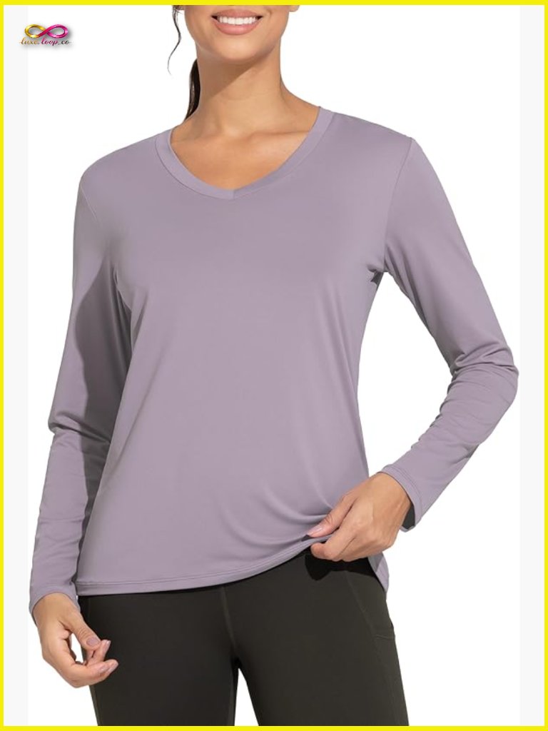Long Sleeve V-Neck Athletic Top Lightweight Stretchy Casual Workout Tee